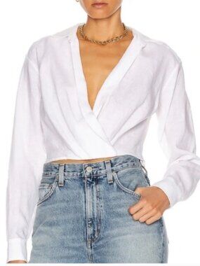 Marissa Webb Maxwell 100% Linen Crossover Blouse White XS